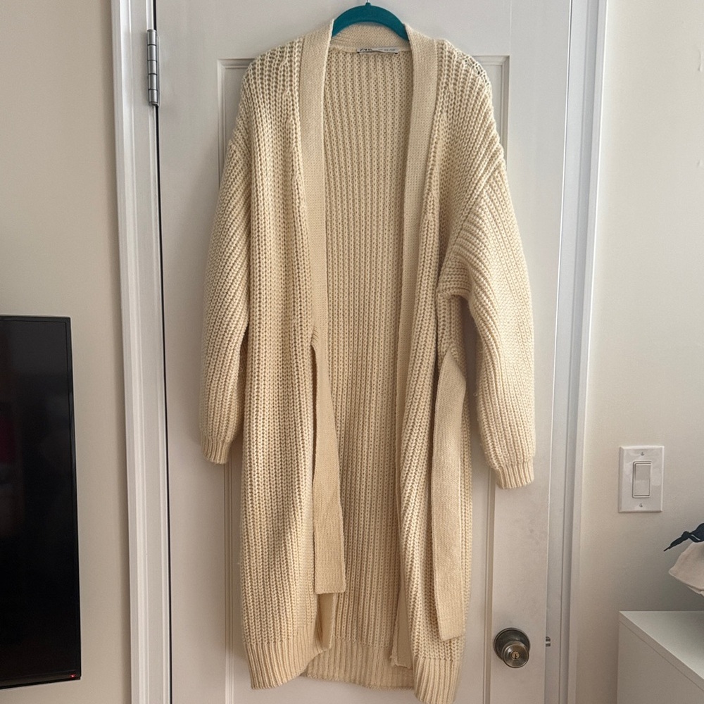 Zara Cream Knit Open-Front Tie Cardigan Sweater - Size S